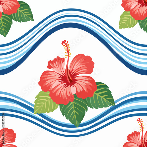 Hibiscus and wave with stripes seamless pattern design for summer holidays background