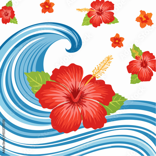 Hibiscus and wave with stripes seamless pattern design for summer holidays background
