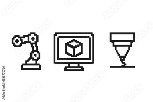 Pixel art icons of robotic arm, computer monitor, and vial