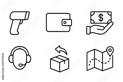 E-commerce icons set: barcode, wallet, money, headset, package, map