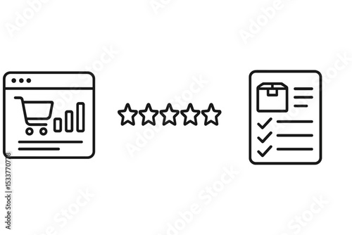 E-commerce shopping cart and review icons connected by five-star rating