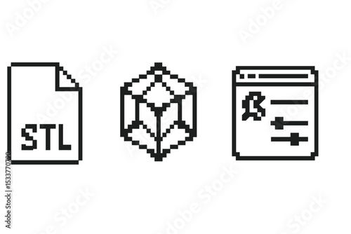 Pixel art icons: stl file, cube, interface settings