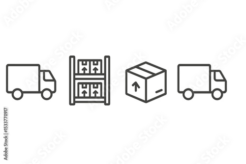 Logistics icons: truck, warehouse, box illustrations in gray background