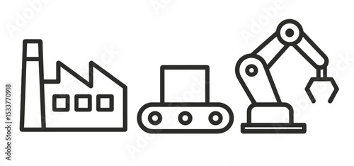 Industrial automation symbols: factory, conveyor belt, robotic arm icons