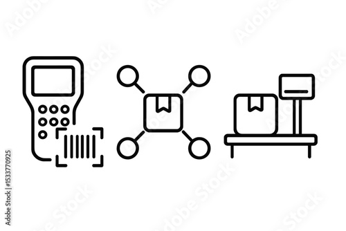 Black and gray logistics icons featuring barcode scanner and parcel network