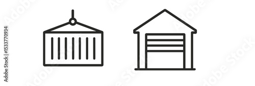 Minimalistic icons of shipping container and garage in black outline
