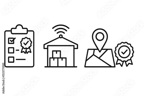Warehouse management icons showing checklist, storage, and map symbols
