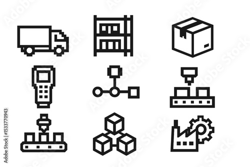 Black icons of logistics and supply chain management on dark background