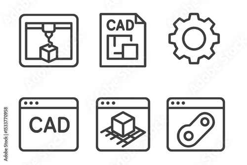 Cad symbols: 3d printer, gear, document, interface window icons