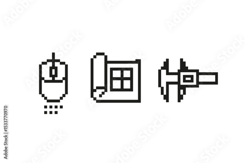 Pixel art icons of a computer mouse, blueprint, and drill on gray background