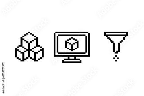 Pixelated icons: graphite effect on crystals, computer, and funnel