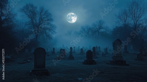 Full moon above foggy graveyard with leafless trees and headstones under blue twilight sky. Mist covers ground creating atmospheric scene. Generative by AI
