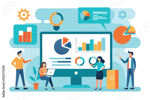 Business team analyzing data charts on a computer screen for strategic planning