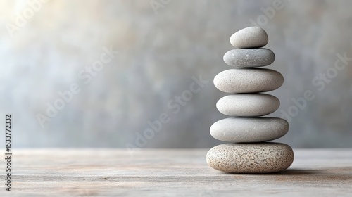 Seven smooth stones are carefully stacked in ascending order on a wooden surface with a soft, neutral-toned background.