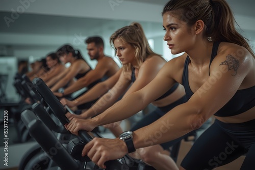 In the gym - Active Lifestyle 2. Active Lifestyle - Men & women pedalling on stationery bikes