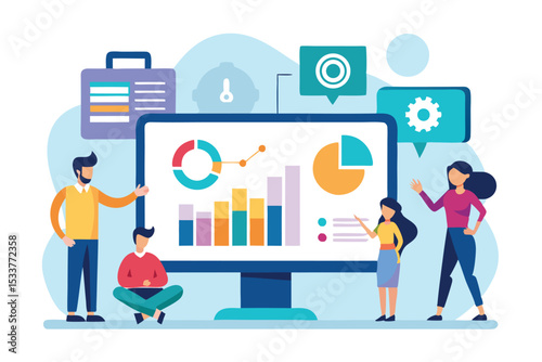 Business team analyzing financial data with charts and graphs on a large computer screen