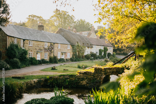 A small town with a bridge over a river and houses on either side. The houses are old and made of stone. The houses are surrounded by trees and bushes