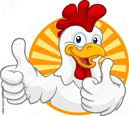 A chicken cartoon rooster cockerel character mascot giving a thumbs up.
