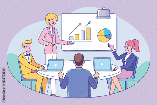 Business team presenting data analysis and statistics during a strategic planning meeting