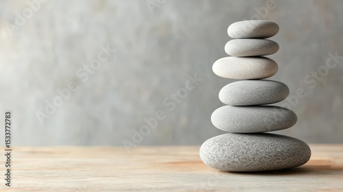 A balanced stack of smooth, gray stones arranged on a wooden surface with a blurred neutral background, symbolizing calm and harmony.
