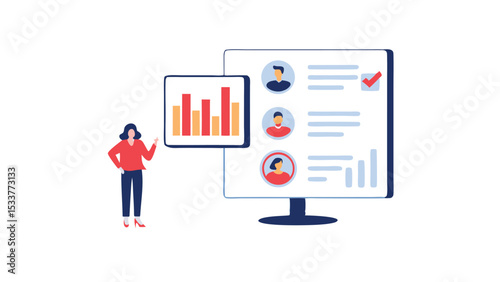 Woman presenting bar graph and employee profiles on a large computer screen in a business setting