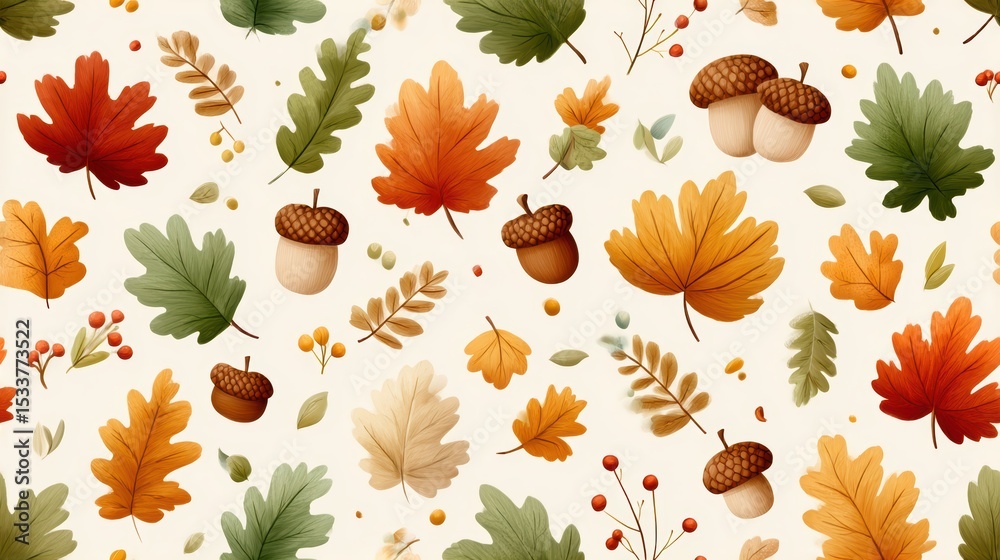 Obraz premium Seamless Autumn Print Pattern Featuring Colorful Leaves, Acorns, and Natural Elements on a Light Background