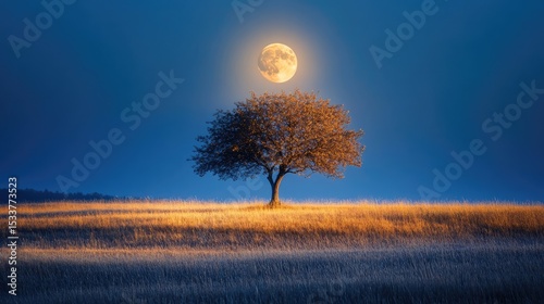 Single tree on grassy hill under full moon in starry night sky, tree casts shadow, surrounding landscape mostly flat with gentle hills. Generative by AI