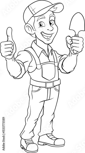 A gardener, farmer or handyman cartoon mascot man holding a gardening tool