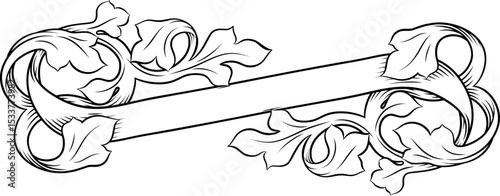 A scroll with filigree medieval crest coat of arms heraldic style pattern motif. In a vintage woodcut etching style.