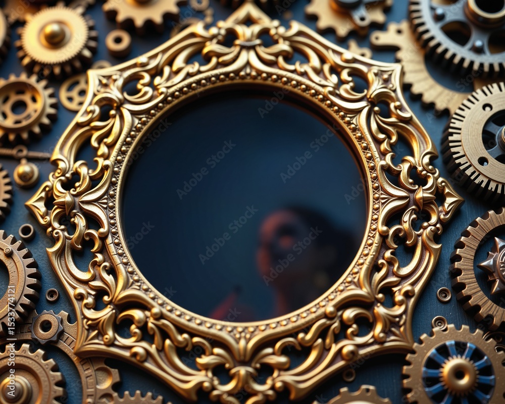 Obraz premium Ornate Vintage Mirror Surrounded by Intricate Steampunk Gears