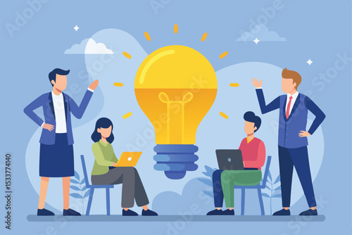 Team collaborating on innovative ideas with a large light bulb as a symbol of inspiration.