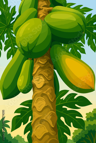 A vibrant, stylized illustration of a papaya tree with clusters of large, green papayas hanging from its trunk. One of the fruits is starting to ripen, showing a bright yellow-orange flesh exposed
