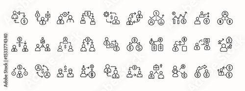 Set of Teamwork and Business Network Icons in Simple Line Style Representing Collaboration, Organization, Partnership, and Communication.