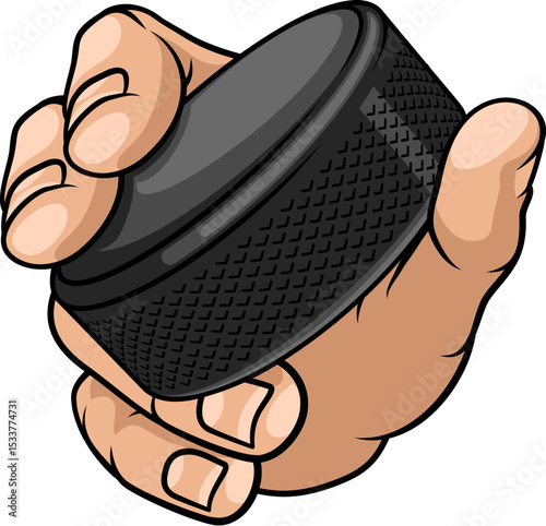 A mascot person hand or fist holding an ice hockey puck