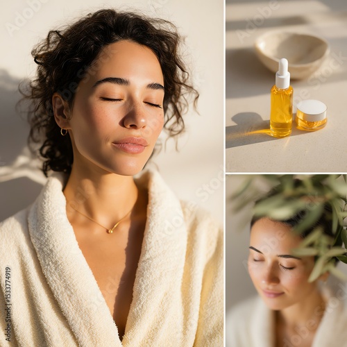 tactile skincare A serene woman enjoying a skincare routine with natural beauty products, promoting relaxation and self-care.