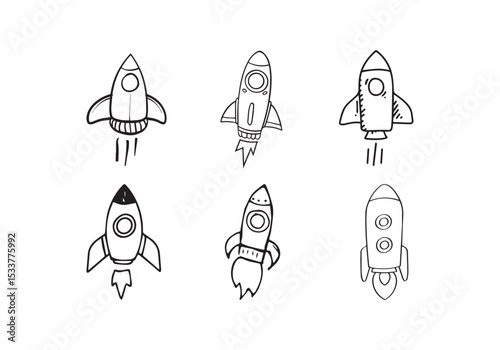 Spaceship doodle with a rocket. Simple drawing element outline. 
Drawing element silhouette.