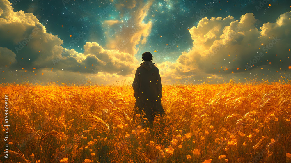 Fototapeta premium Golden Field Dream: A Digital Illustration of a Lone Figure in a Surreal Landscape