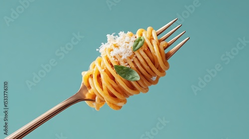 A fork with spaghetti twisted on it, topped with grated cheese and fresh basil leaves, with a blue background. Concept of Italian cuisine, pasta dish, and food photography.
