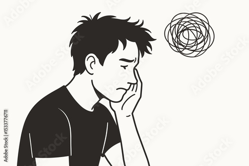 Sad young man with scribbled thought bubble expressing mental health struggle