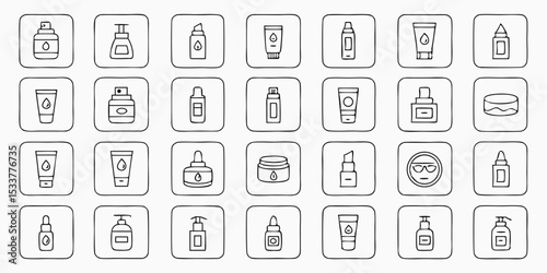 A collection of hand drawn cosmetics icons for beauty and skincare products