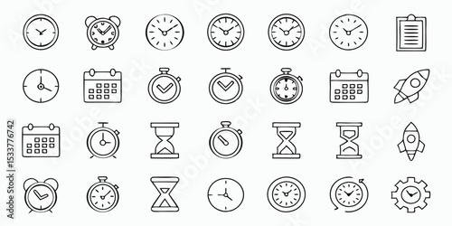 A collection of hand drawn time icons clock alarm clock calendar and stopwatch illustrations
