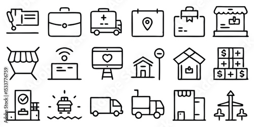 A collection of minimalist black and white line art business and everyday life icons