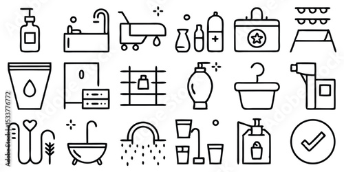 A collection of simple outlined vector icons related to cleanliness, hygiene and well-being.