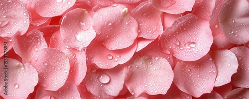 Pink rose petals covered with water droplets create a fresh, delicate, and romantic texture.
