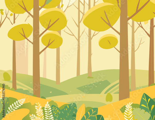 A forest landscape with trees, green grass and bushes