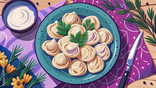 Russian pelmeni dumplings served with sour cream and fresh dill traditional Slavic cuisine comfort food, perfect for cold weather meals