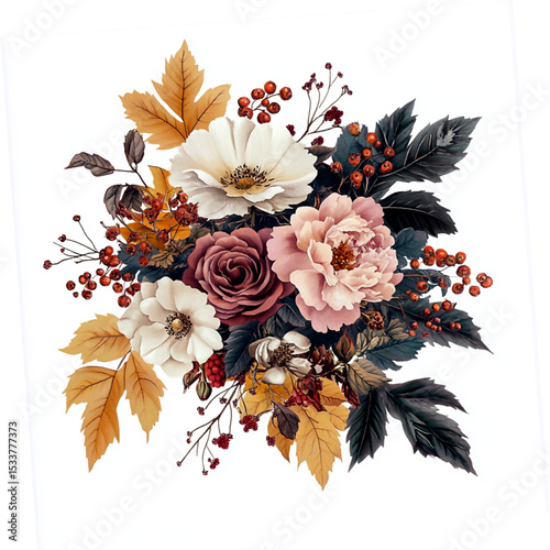 Vintage illustration of floral and berry generative AI	
