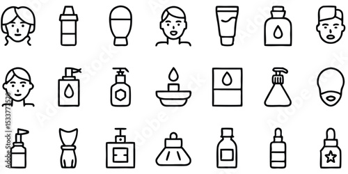 Collection of minimalist line art illustrations featuring facial skincare and cosmetic products