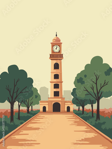 Faisalabad — Clock Tower, Chenab Club, D Ground in sandstone, forest green, cream, and burnt orange