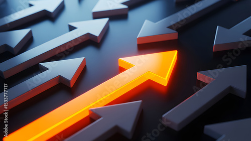 Glowing Orange Arrow Stands Out Among Gray Arrows Representing Unique Success and Business Growth Strategy